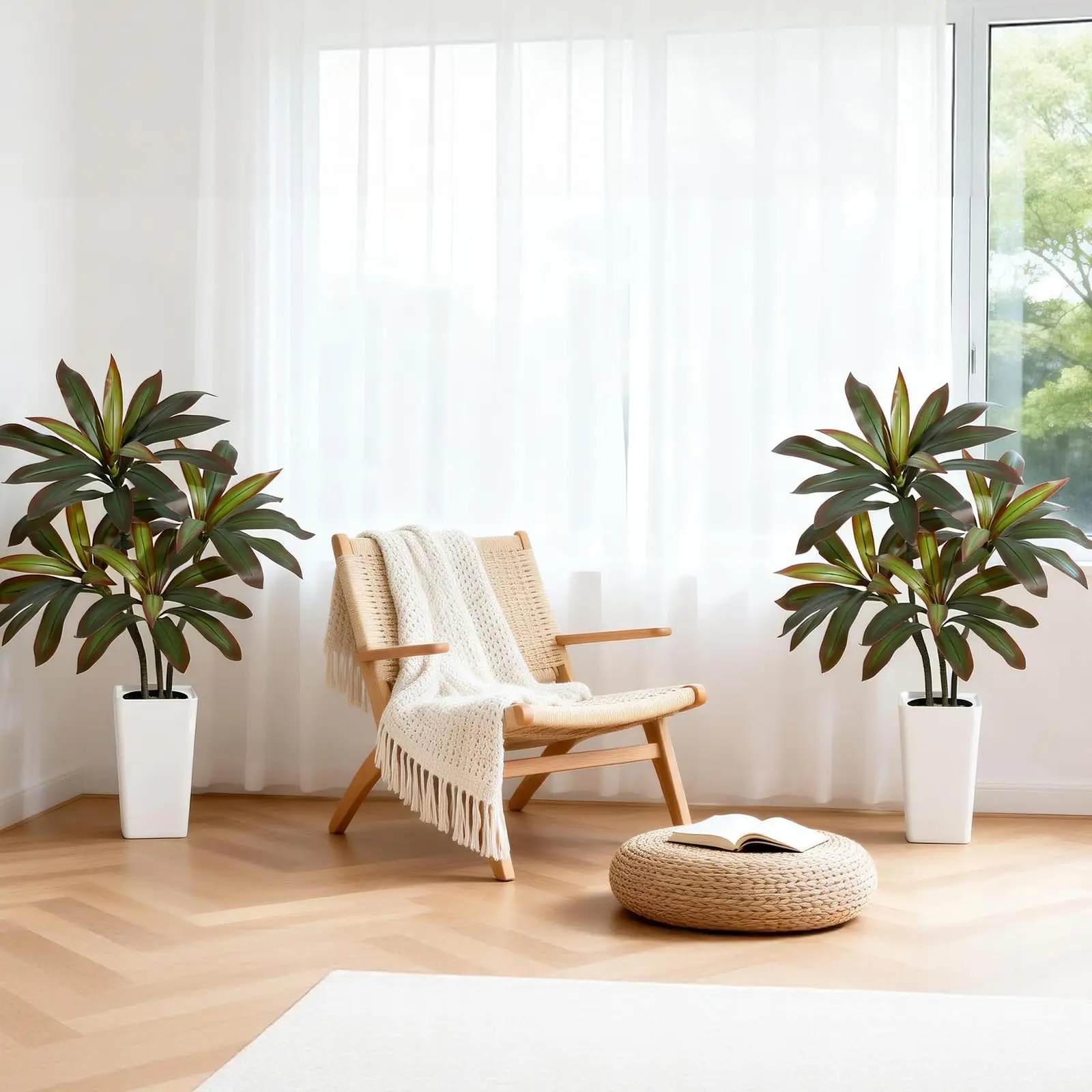 Artificial Dracaena Tree with White Tall Planter, Tall Artificial Plants with Real Touch Leaves and Multi Tonal Trunks
