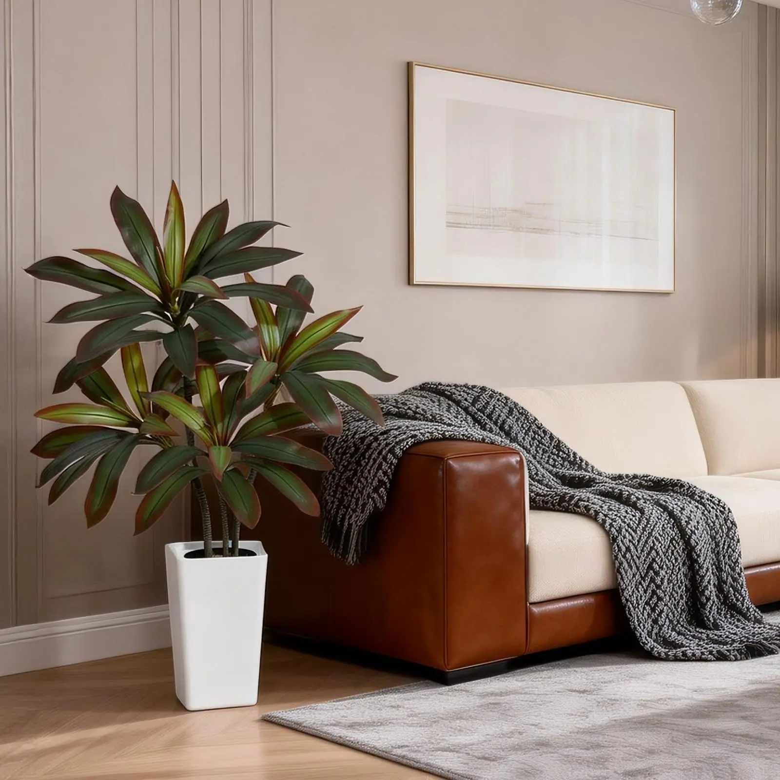 Artificial Dracaena Tree with White Tall Planter, Tall Artificial Plants with Real Touch Leaves and Multi Tonal Trunks
