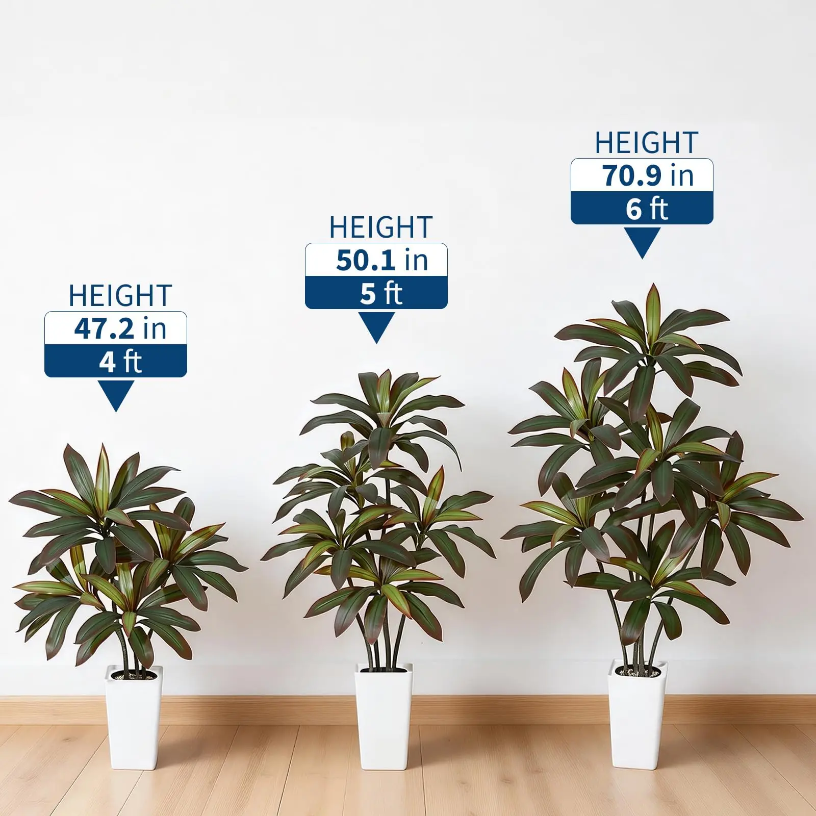 Artificial Dracaena Tree with White Tall Planter, Tall Artificial Plants with Real Touch Leaves and Multi Tonal Trunks
