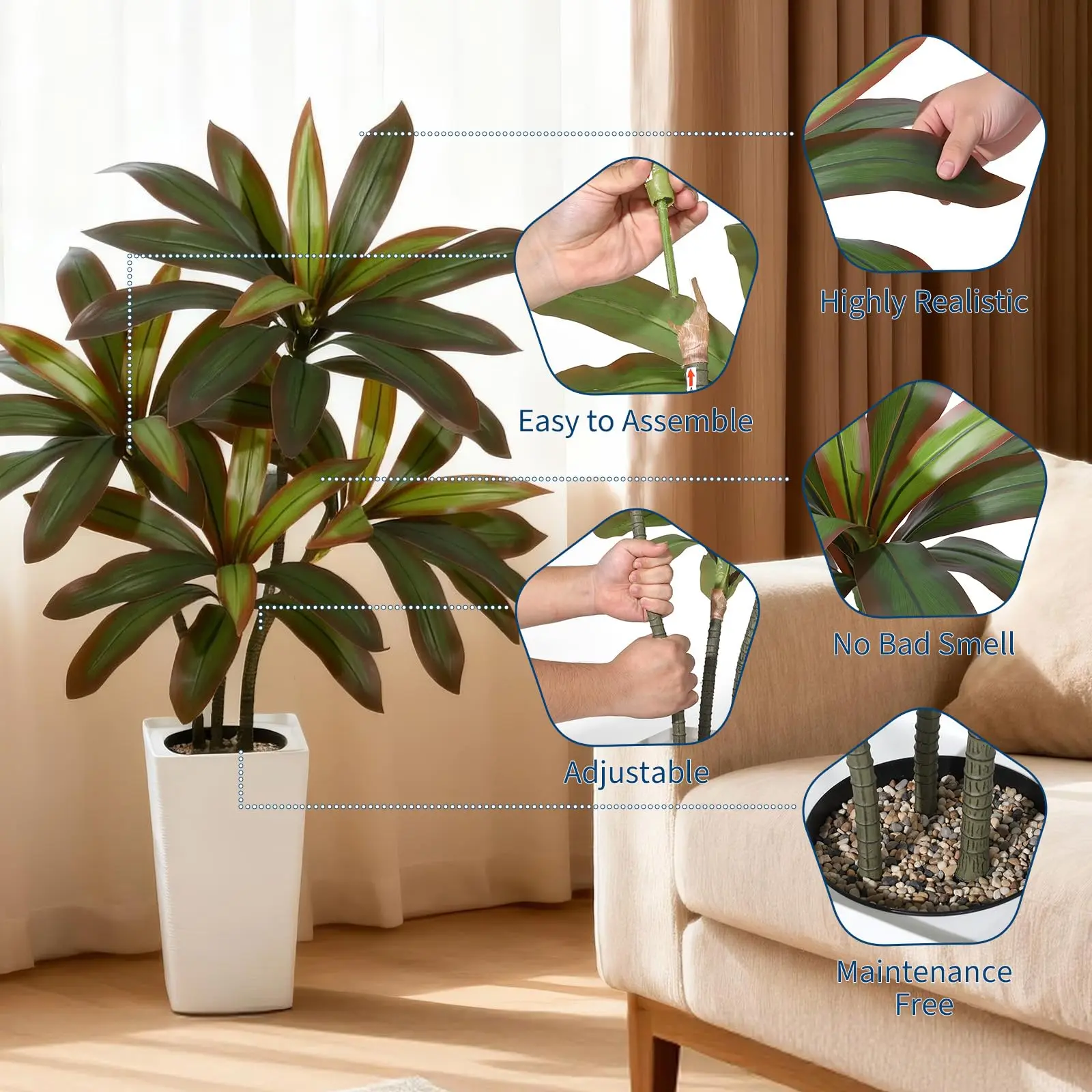 Artificial Dracaena Tree with White Tall Planter, Tall Artificial Plants with Real Touch Leaves and Multi Tonal Trunks
