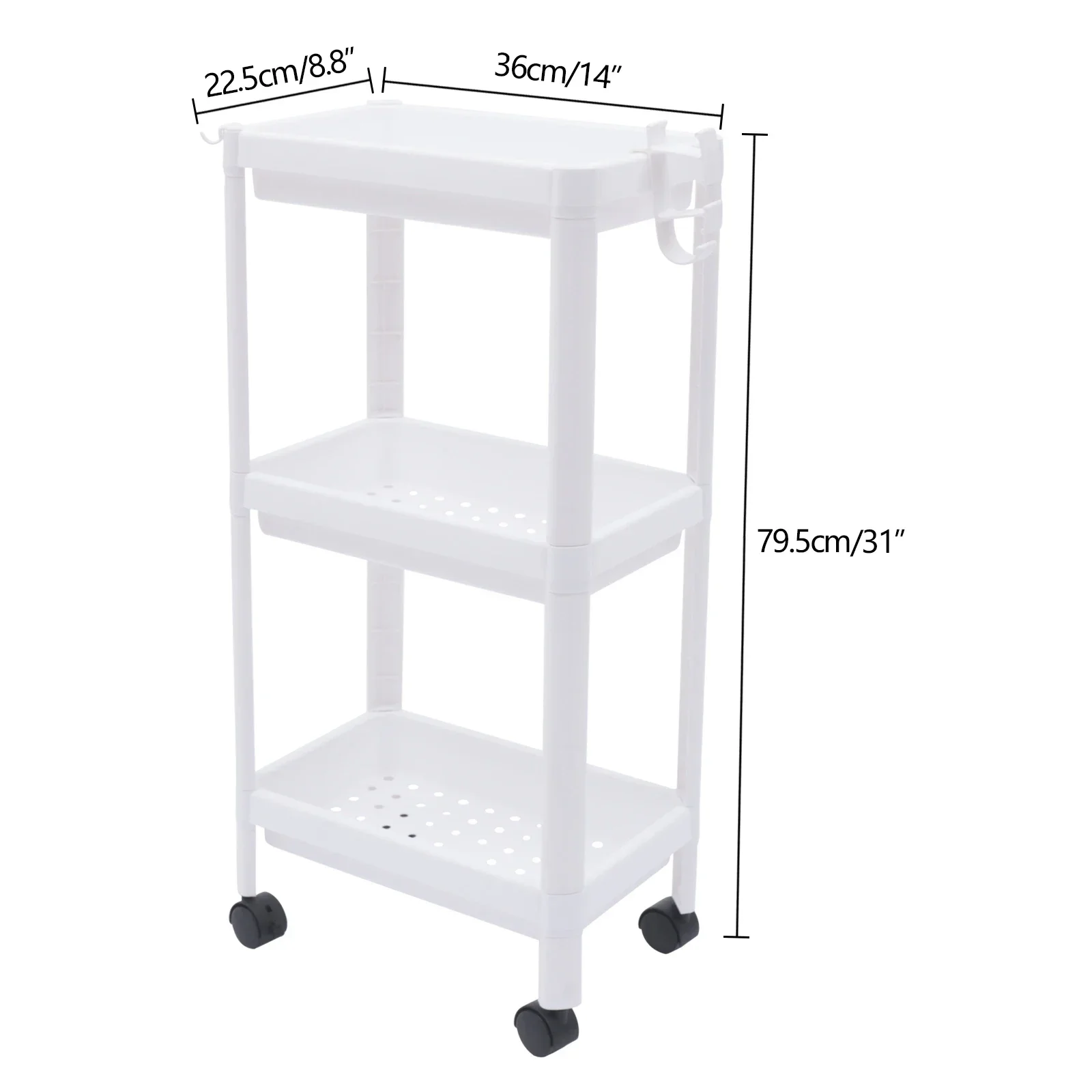 3-Tiers Kitchen Trolley, Serving Trolley, Multi-Purpose Trolley W|4Universal Wheels, Recess Shelf on Wheels for Kitchen, Living