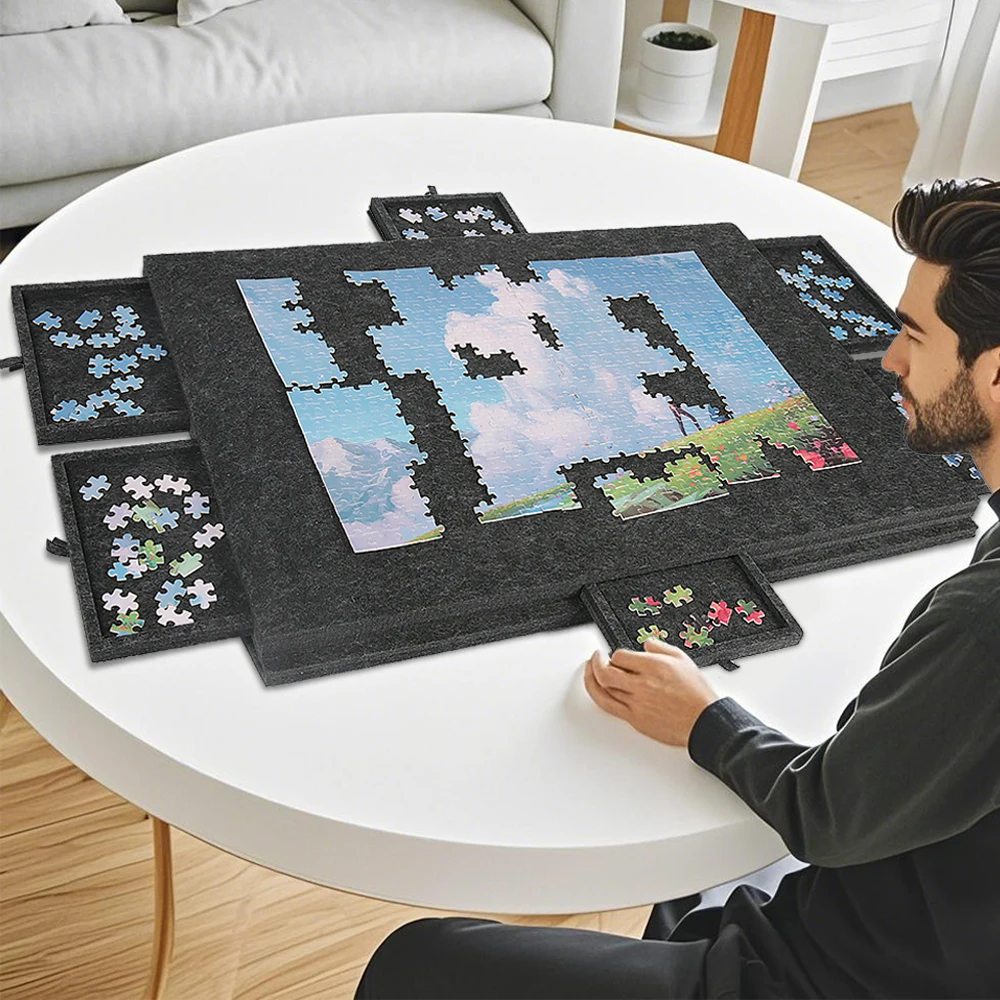 Tiltable Puzzle Board for 1000 Pieces Felt Jigsaw Puzzle Mat with 6 Drawers & Stand Cover Portable Puzzle/Craft Supply Organizer