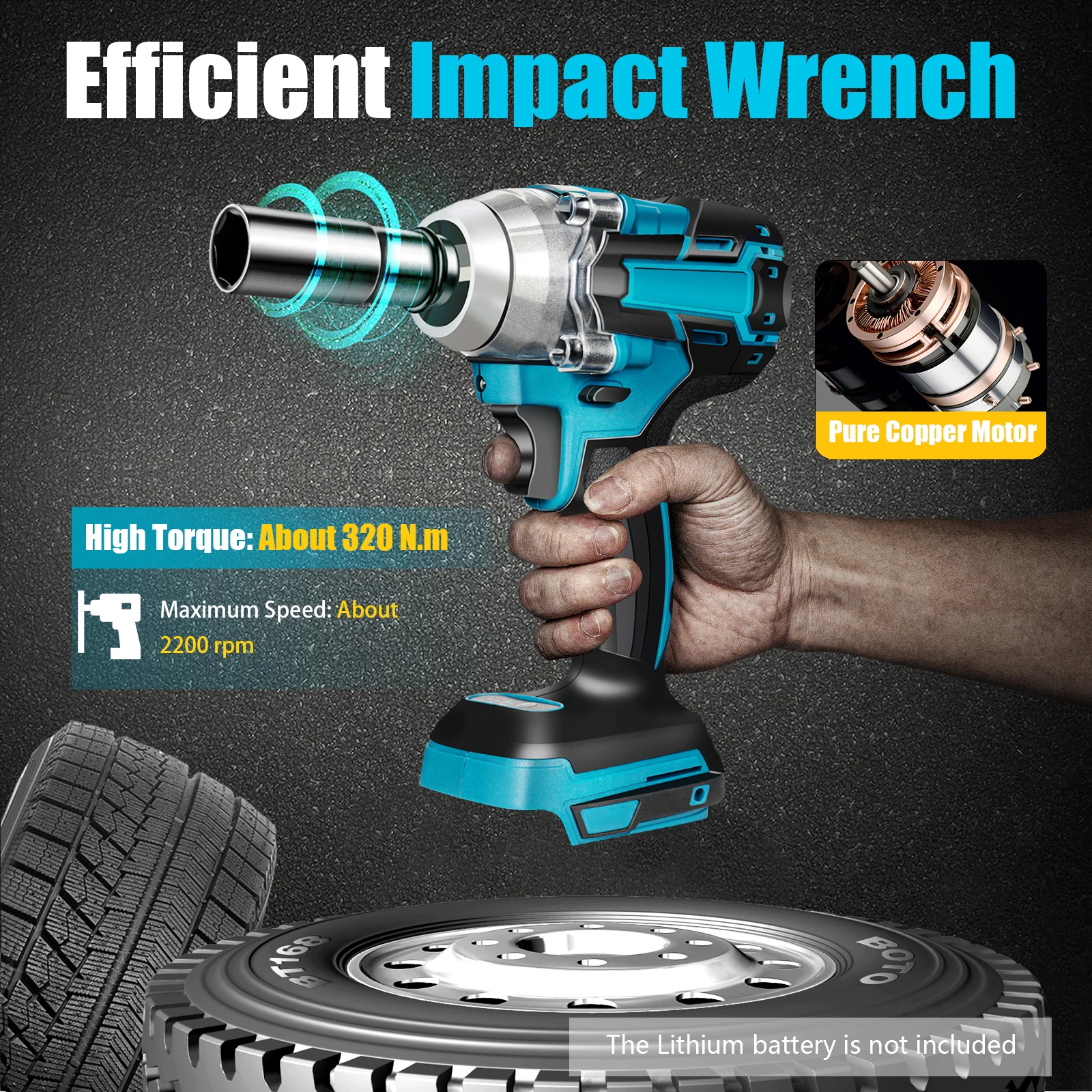 320N.m 2200rpm Brushless Electric Impact Wrench, 1/2 Inch High Torque Cordless Power Tool, Professional Automotive Repair Gun