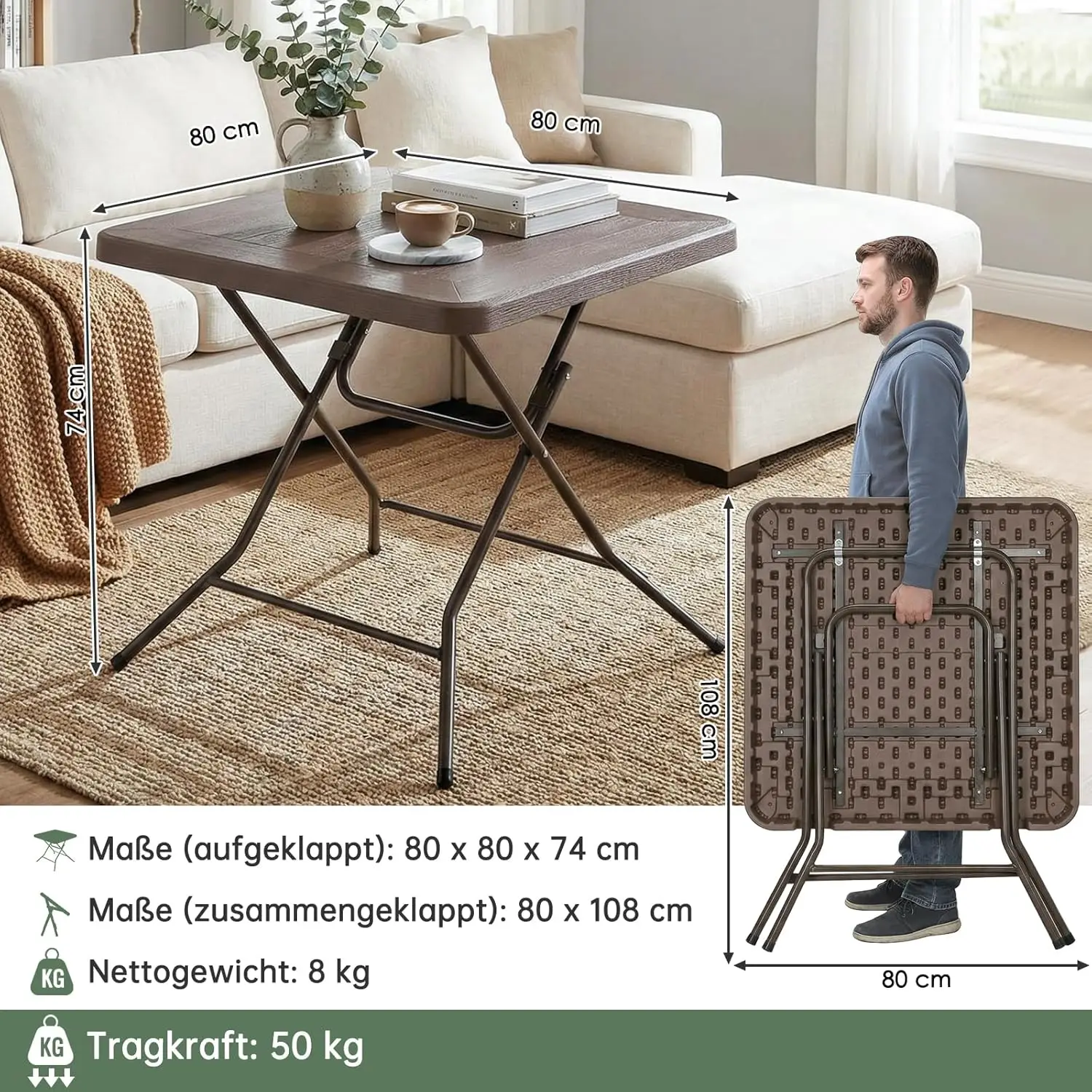 Folding Table 80cm for Indoor Outdoor, Portable Heavy Duty Fold-in-Half Utility Small HDPE Plastic Adjustable Height Folding