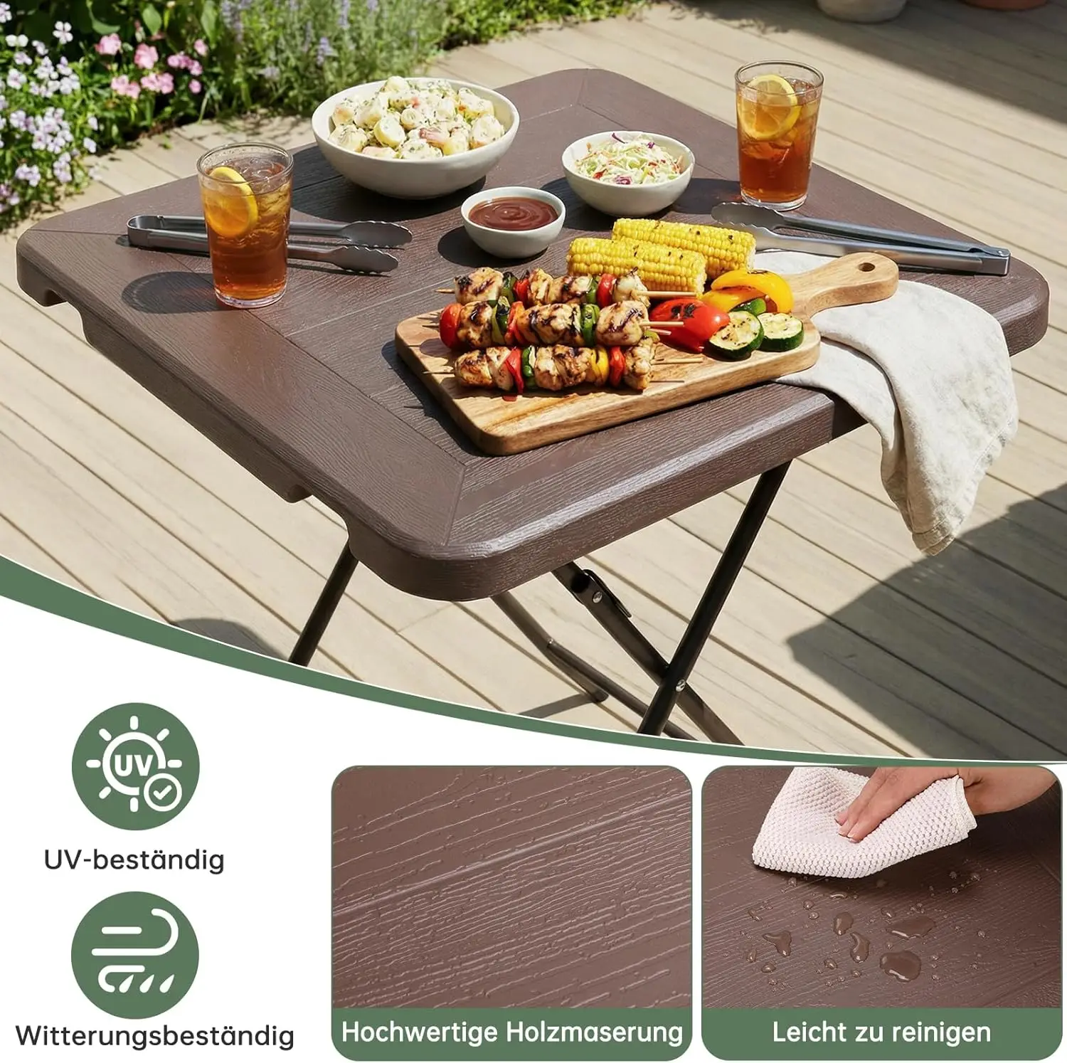 Folding Table 80cm for Indoor Outdoor, Portable Heavy Duty Fold-in-Half Utility Small HDPE Plastic Adjustable Height Folding