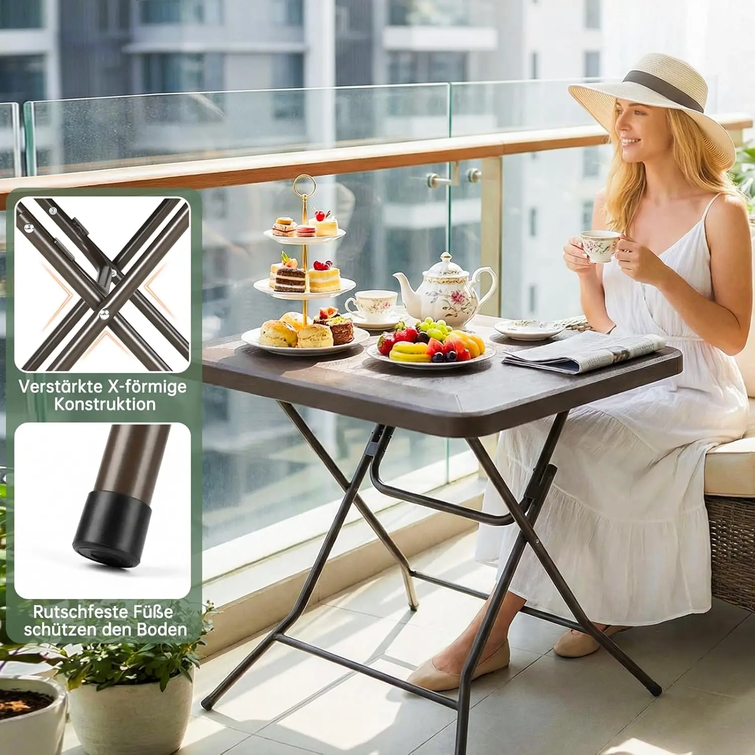 Folding Table 80cm for Indoor Outdoor, Portable Heavy Duty Fold-in-Half Utility Small HDPE Plastic Adjustable Height Folding