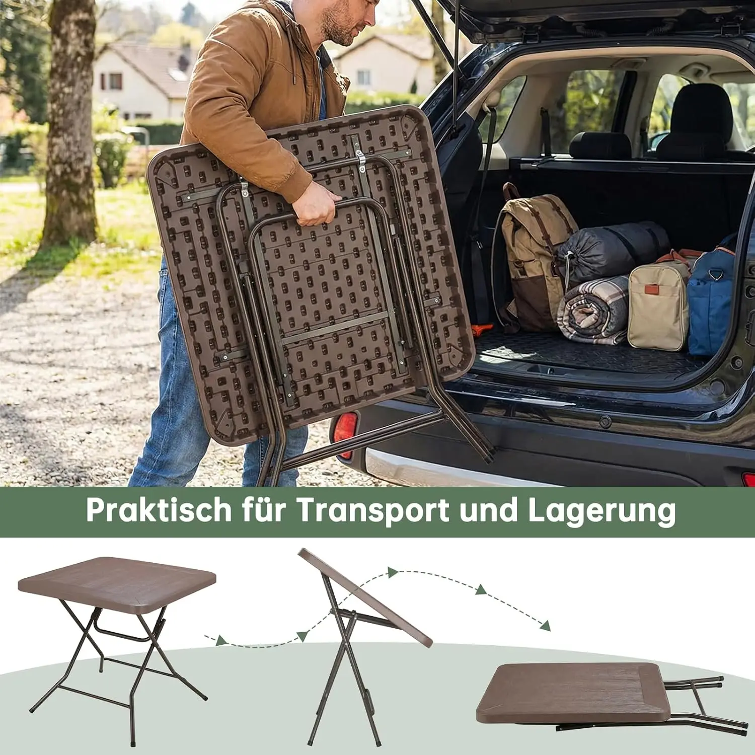 Folding Table 80cm for Indoor Outdoor, Portable Heavy Duty Fold-in-Half Utility Small HDPE Plastic Adjustable Height Folding