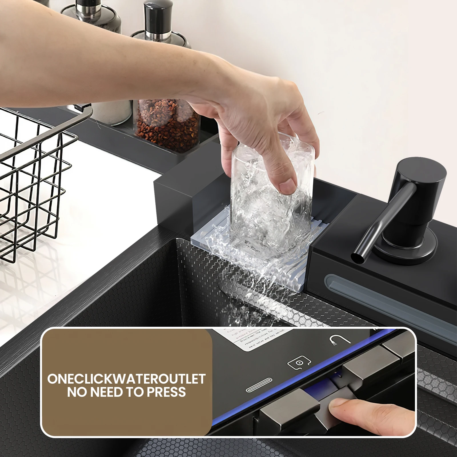 304 Stainless Steel Waterfall Kitchen Sink Large Single Slot Integrated Digital Display Faucet Set Soap Dispenser Cup Washer