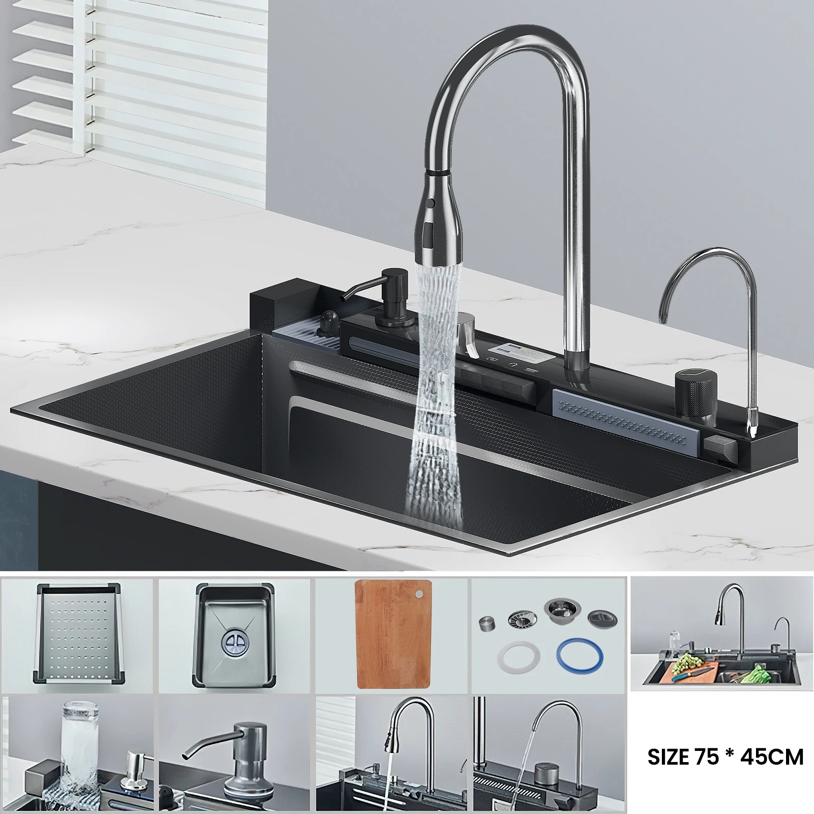 304 Stainless Steel Waterfall Kitchen Sink Large Single Slot Integrated Digital Display Faucet Set Soap Dispenser Cup Washer