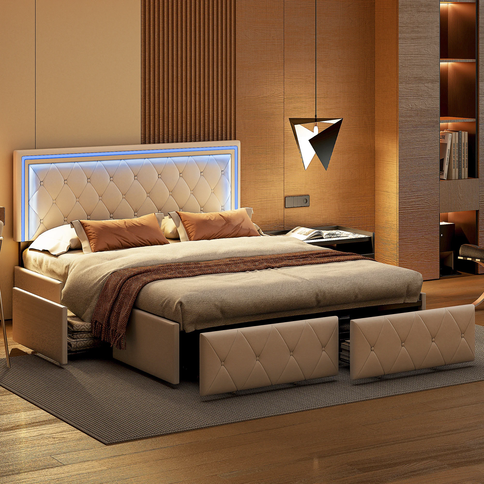 Anajqaqia Double Bed Frame, Upholstered Storage Bed, 4 Drawers, LED Light, UP Fabric Headboard