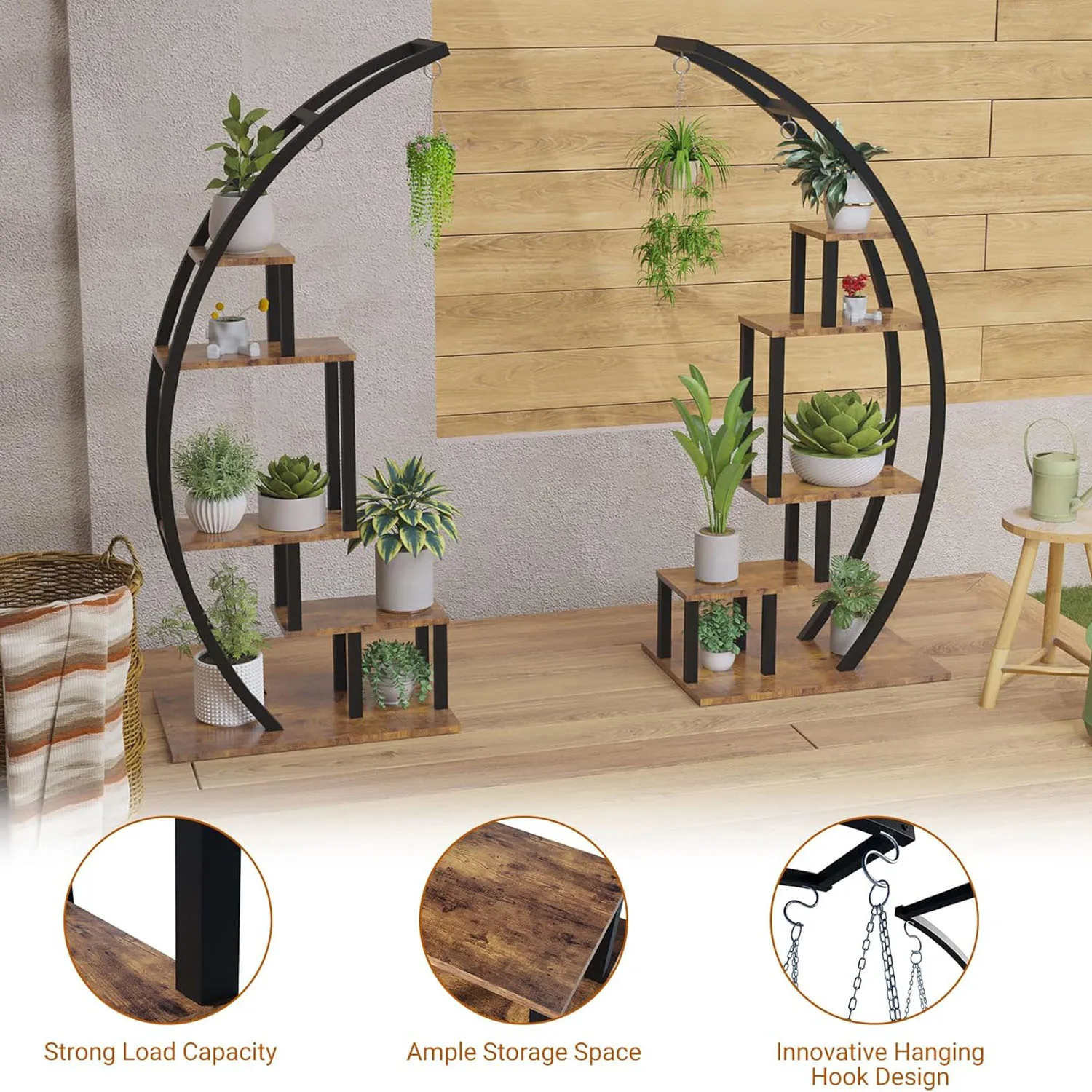 5 Tier Metal Plant Stand Creative Half Moon Shape Ladder Flower Pot Stand Rack for Home Patio Lawn Garden Balcony Holder