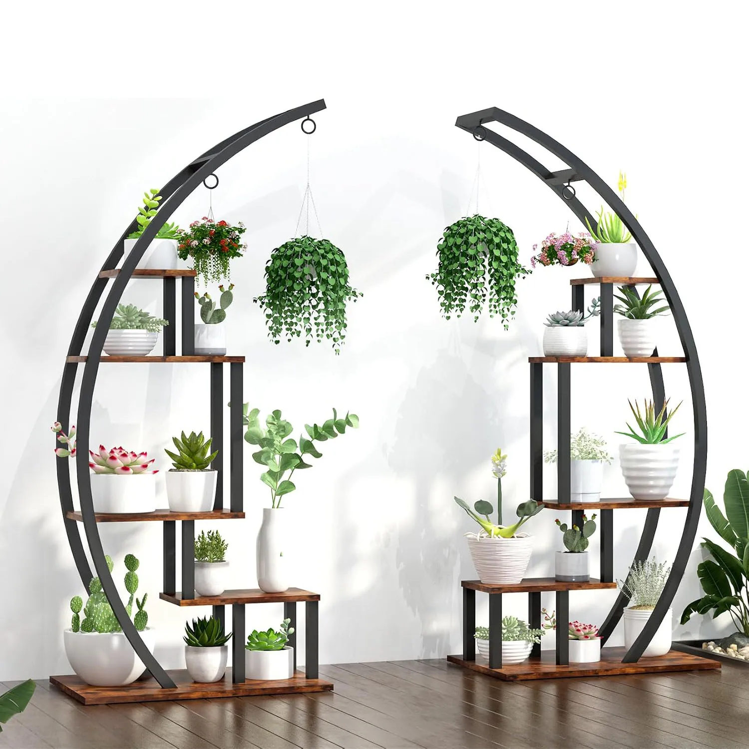 5 Tier Metal Plant Stand Creative Half Moon Shape Ladder Flower Pot Stand Rack for Home Patio Lawn Garden Balcony Holder