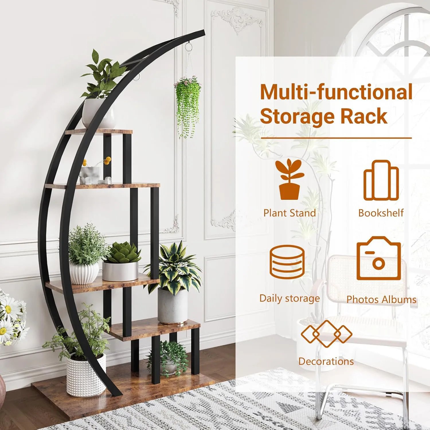 5 Tier Metal Plant Stand Creative Half Moon Shape Ladder Flower Pot Stand Rack for Home Patio Lawn Garden Balcony Holder