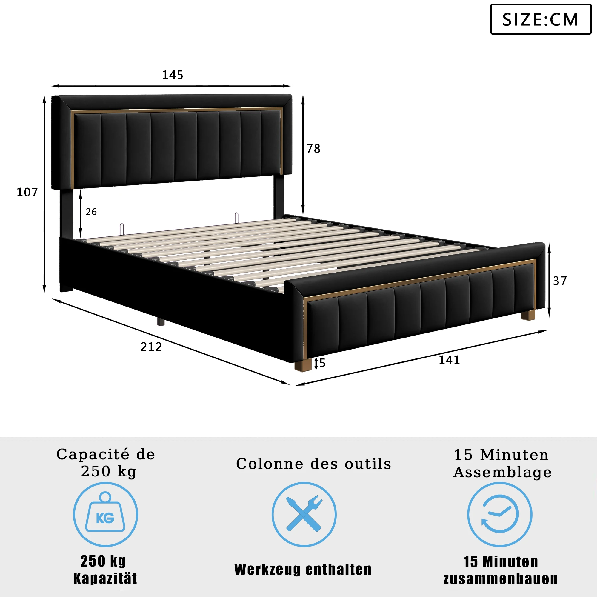 Anajqaqia Double Bed Frame, Black Striped Velvet Fabric, Gold Trim, Light Luxury Style, 140x200/160x200