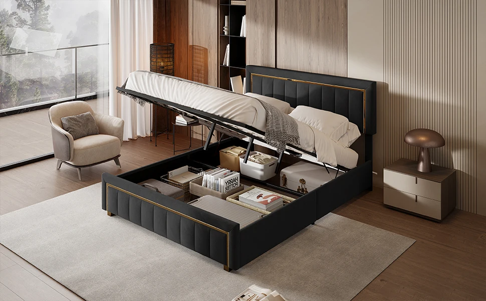 Anajqaqia Double Bed Frame, Black Striped Velvet Fabric, Gold Trim, Light Luxury Style, 140x200/160x200