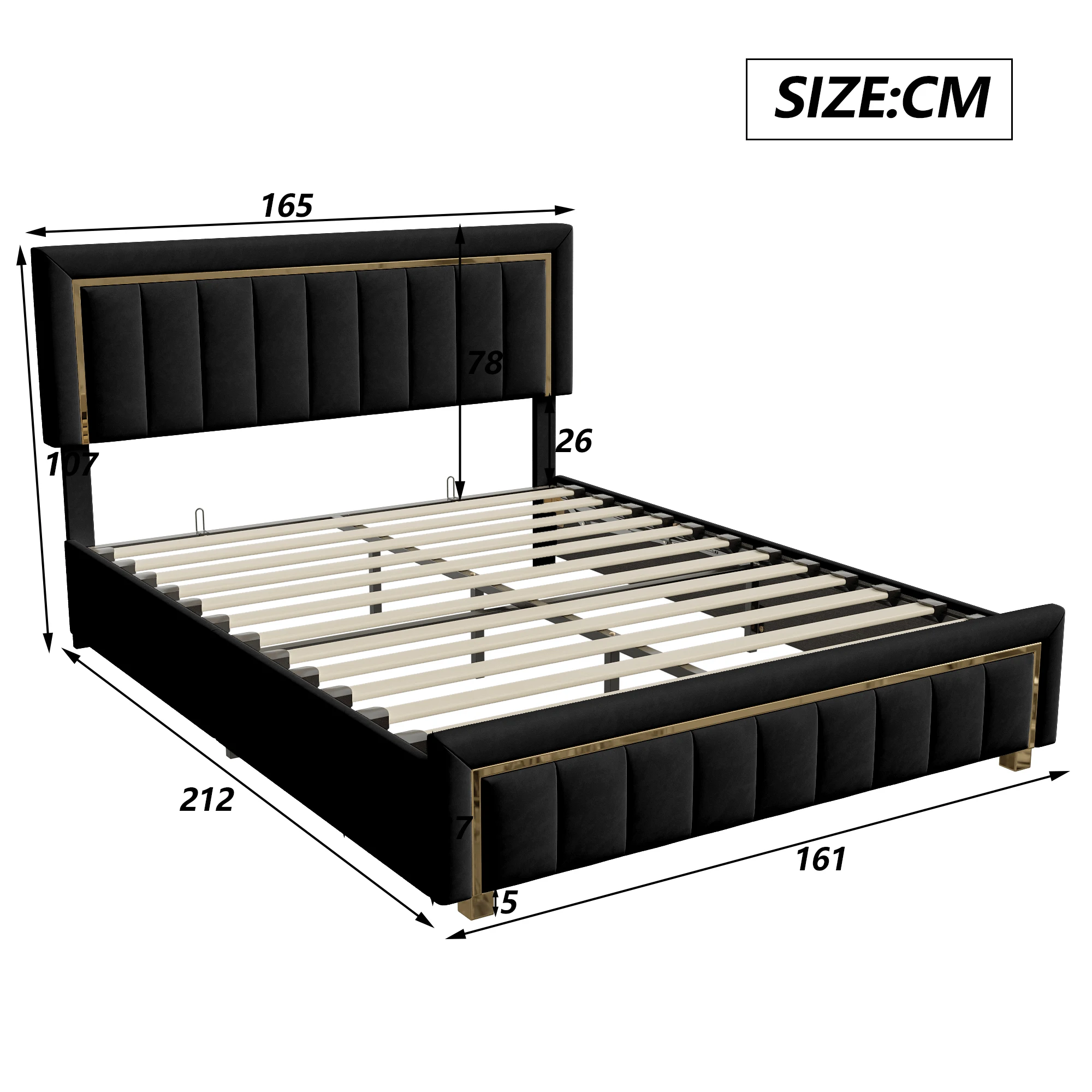 Anajqaqia Double Bed Frame, Black Striped Velvet Fabric, Gold Trim, Light Luxury Style, 140x200/160x200
