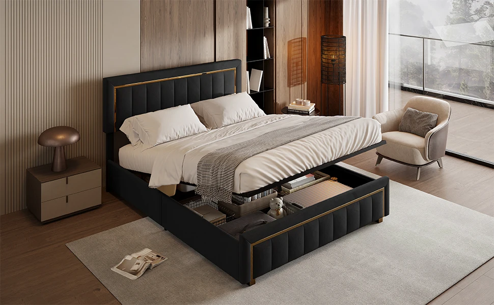 Anajqaqia Double Bed Frame, Black Striped Velvet Fabric, Gold Trim, Light Luxury Style, 140x200/160x200