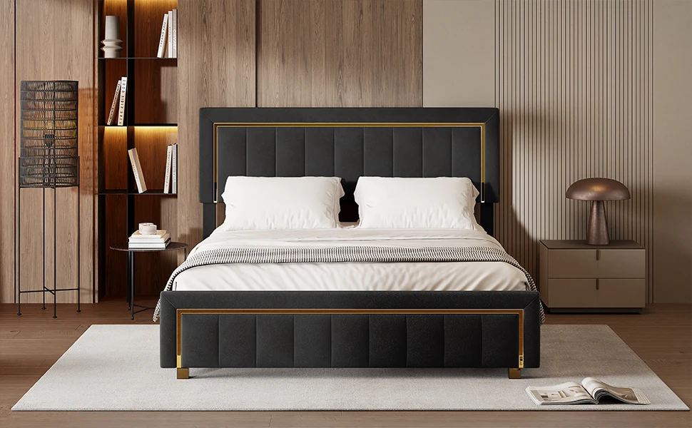 Anajqaqia Double Bed Frame, Black Striped Velvet Fabric, Gold Trim, Light Luxury Style, 140x200/160x200