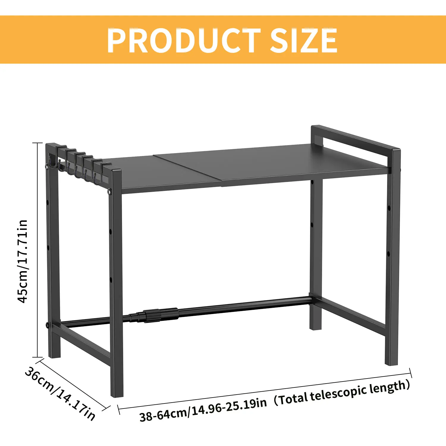 Microwave Oven Rack Oven Storage Rack with 6 Removable Hooks & Adjustment High 38–64 cm Household Kitchen Tableware Storage