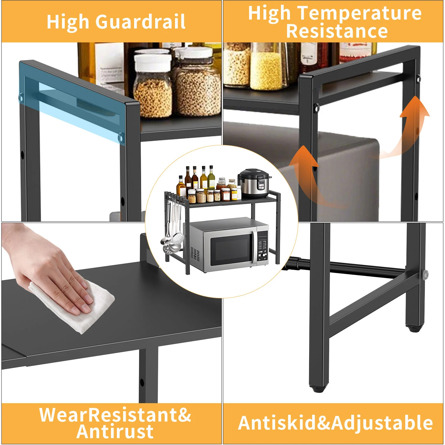 Microwave Oven Rack Oven Storage Rack with 6 Removable Hooks & Adjustment High 38–64 cm Household Kitchen Tableware Storage