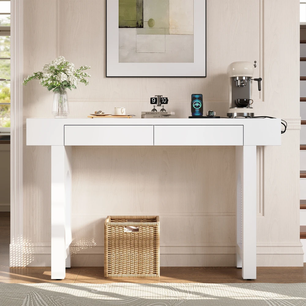 Narrow Entryway Console Table with Storage Drawers & Power Socket Bars, Grid Design Sideboard with Adjustable Foot Pads
