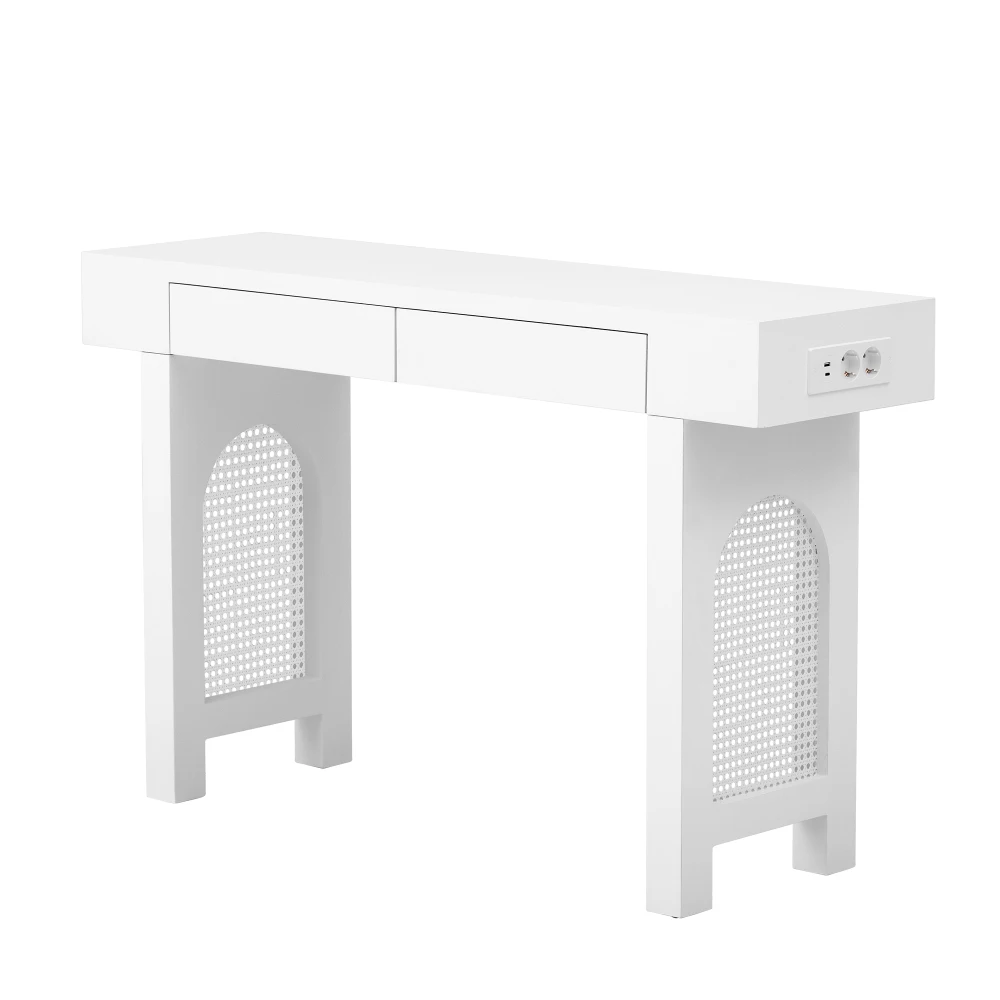 Narrow Entryway Console Table with Storage Drawers & Power Socket Bars, Grid Design Sideboard with Adjustable Foot Pads