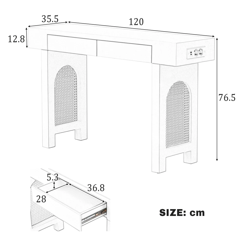 Narrow Entryway Console Table with Storage Drawers & Power Socket Bars, Grid Design Sideboard with Adjustable Foot Pads