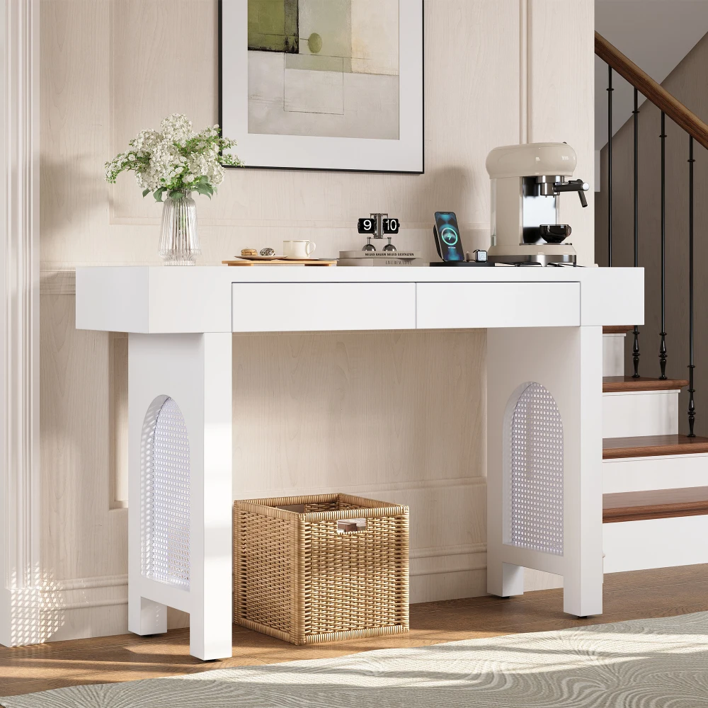 Narrow Entryway Console Table with Storage Drawers & Power Socket Bars, Grid Design Sideboard with Adjustable Foot Pads
