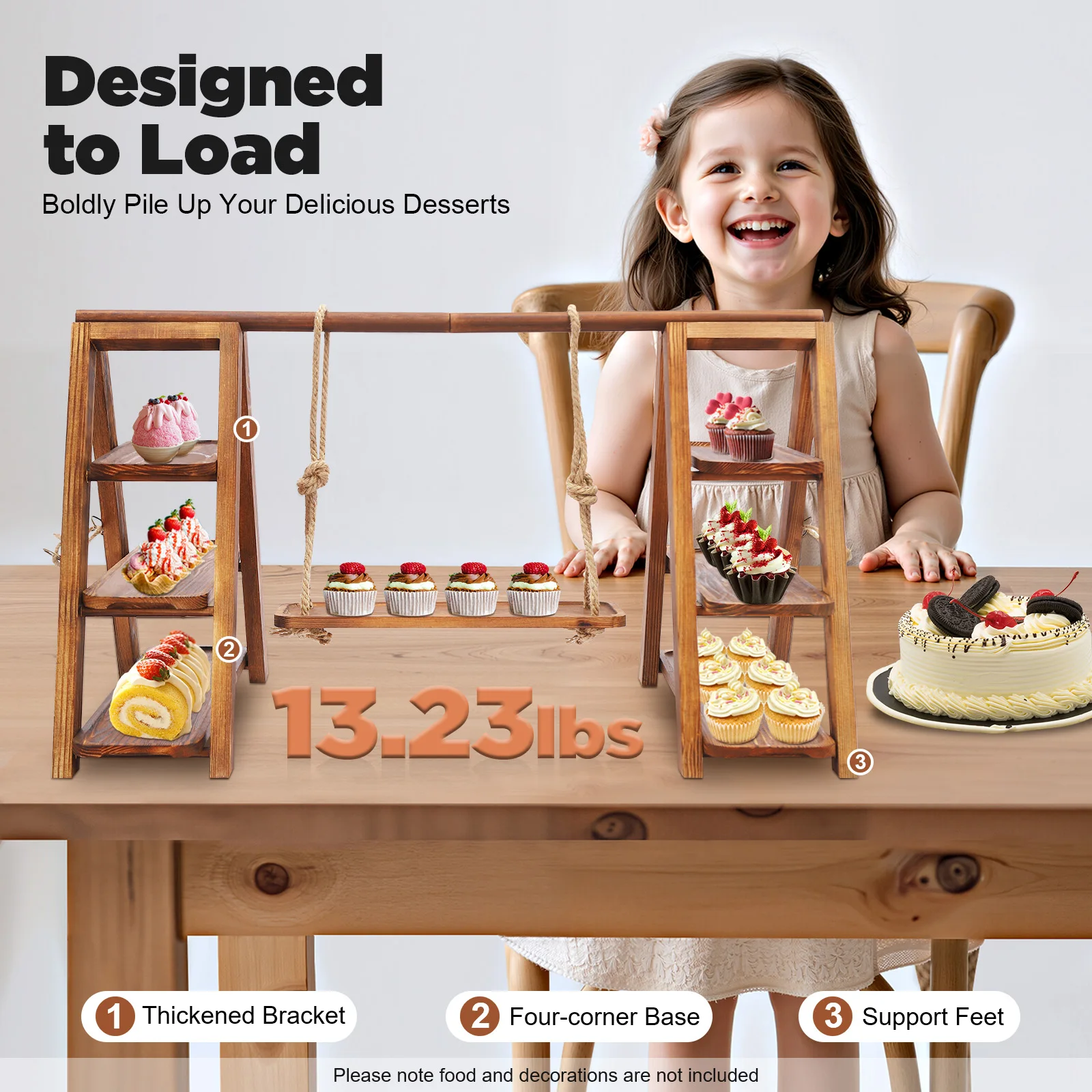 Solid Wood 3-Tier Cake Serving Tray - 6kg Capacity Dessert Stand for Home Decor Cupcake Display Rack for Wedding/Birthday Party