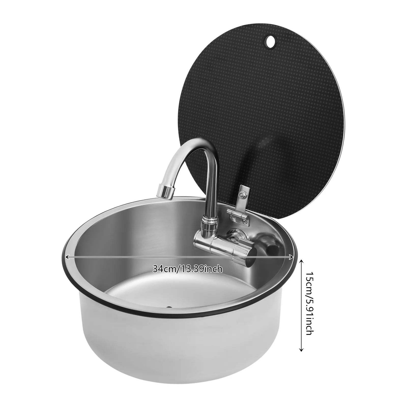 RV Kitchen Sink, Camper Boat Stainless Steel Hand Wash Basin W/ Folding Faucet, RV Bar Circle Drop-In Washbasin, 13.39 * 5.91"