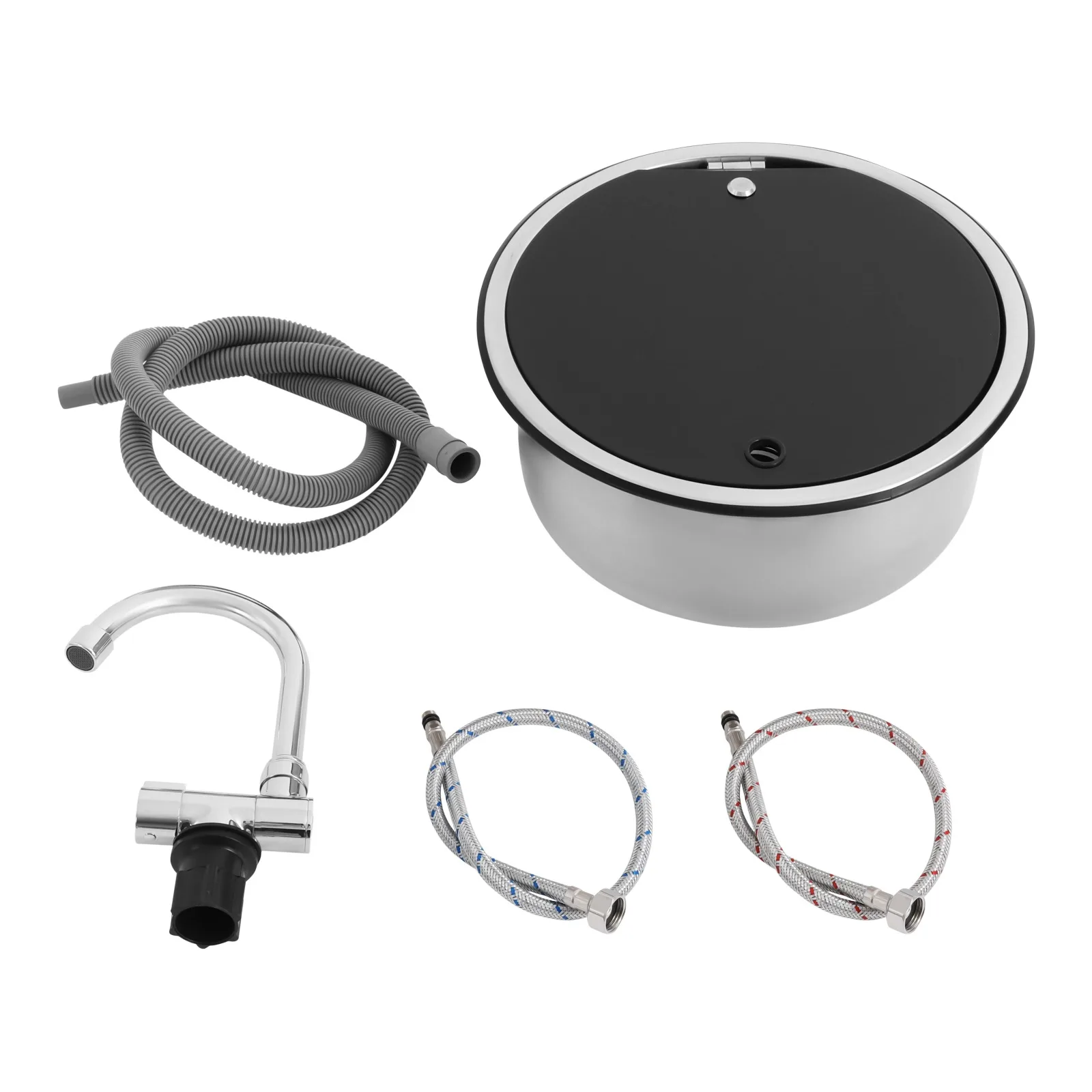 RV Kitchen Sink, Camper Boat Stainless Steel Hand Wash Basin W/ Folding Faucet, RV Bar Circle Drop-In Washbasin, 13.39 * 5.91"