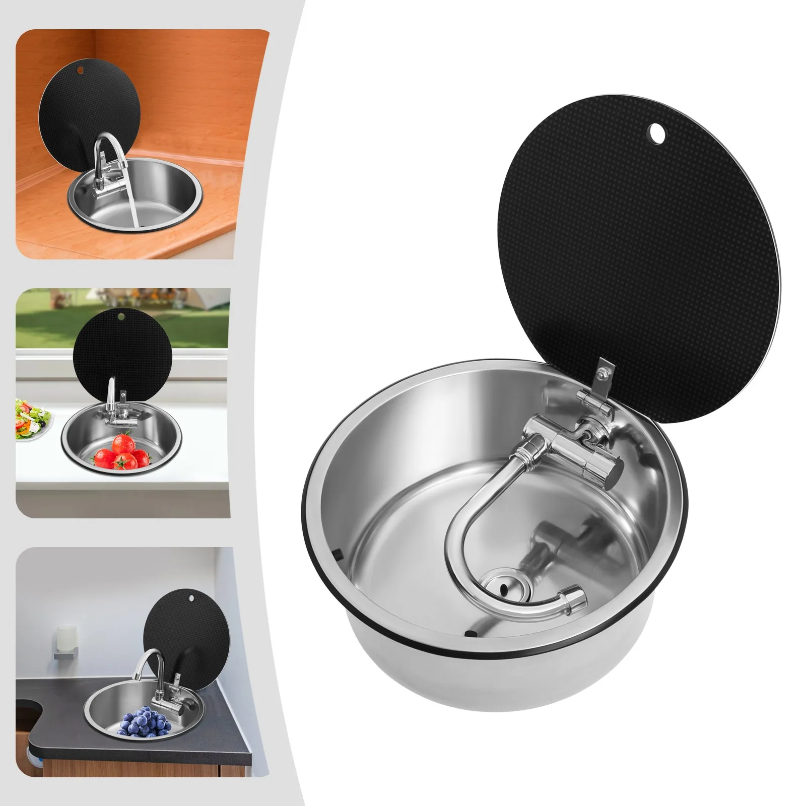 RV Kitchen Sink, Camper Boat Stainless Steel Hand Wash Basin W/ Folding Faucet, RV Bar Circle Drop-In Washbasin, 13.39 * 5.91"