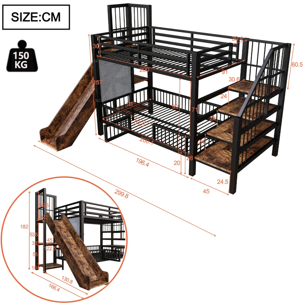 90*200cm Metal Bed for Children, with Slide and Storage Staircase, Bunk Bed with Protective Lattice Door, Integrated Shelves