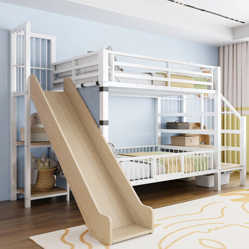 90*200cm Metal Bed for Children, with Slide and Storage Staircase, Bunk Bed with Protective Lattice Door, Integrated Shelves