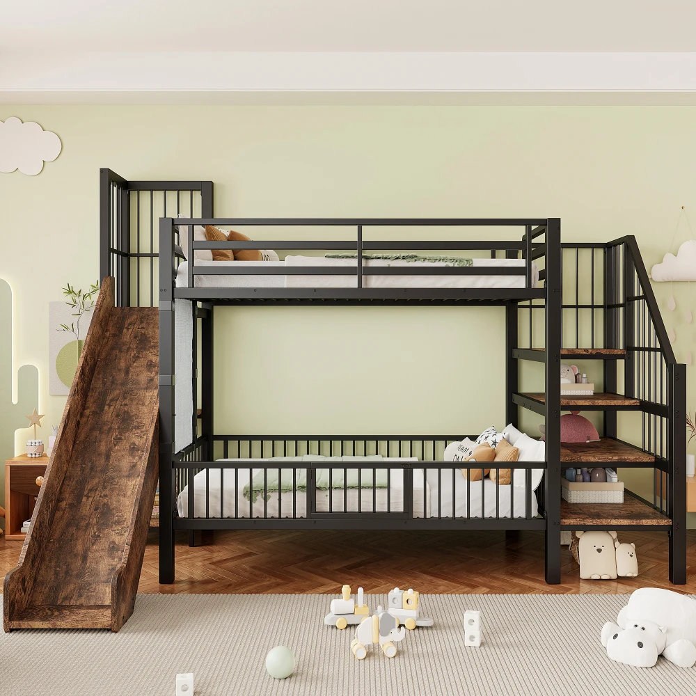 90*200cm Metal Bed for Children, with Slide and Storage Staircase, Bunk Bed with Protective Lattice Door, Integrated Shelves