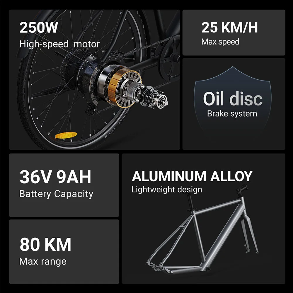 DYU Stroll 1 Electric Bike 250W Motor Electric Bicycle 36V 9Ah Battery 700*38C Tire E-bike 25km/h Max Speed 67KM Adult E-Bicycle