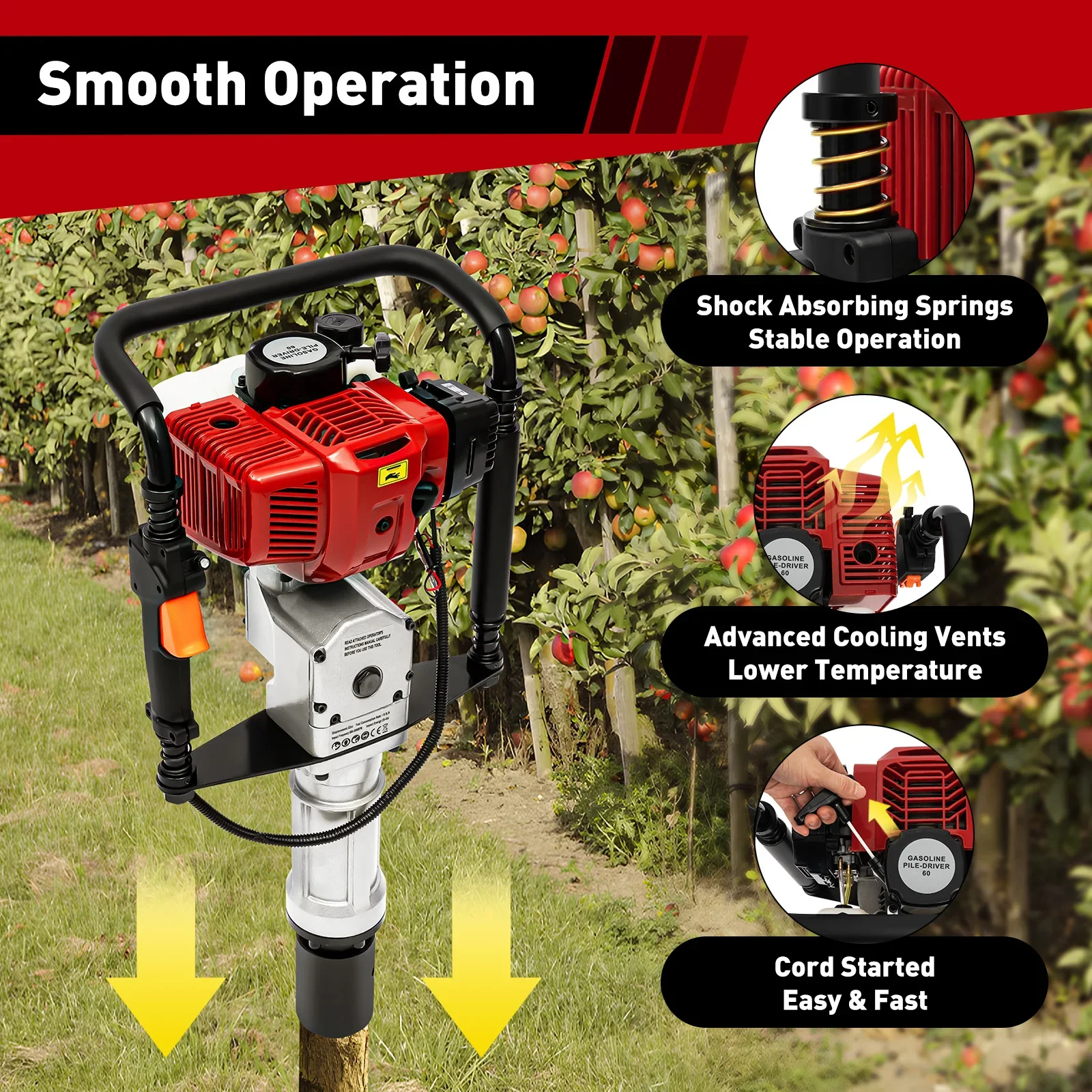 1900W 52CC T Post Pounder Driver Heavy Duty Gasoline Gas Powered T-Post Driver,Fence Farm Push Pile Gasoline Engine Kit