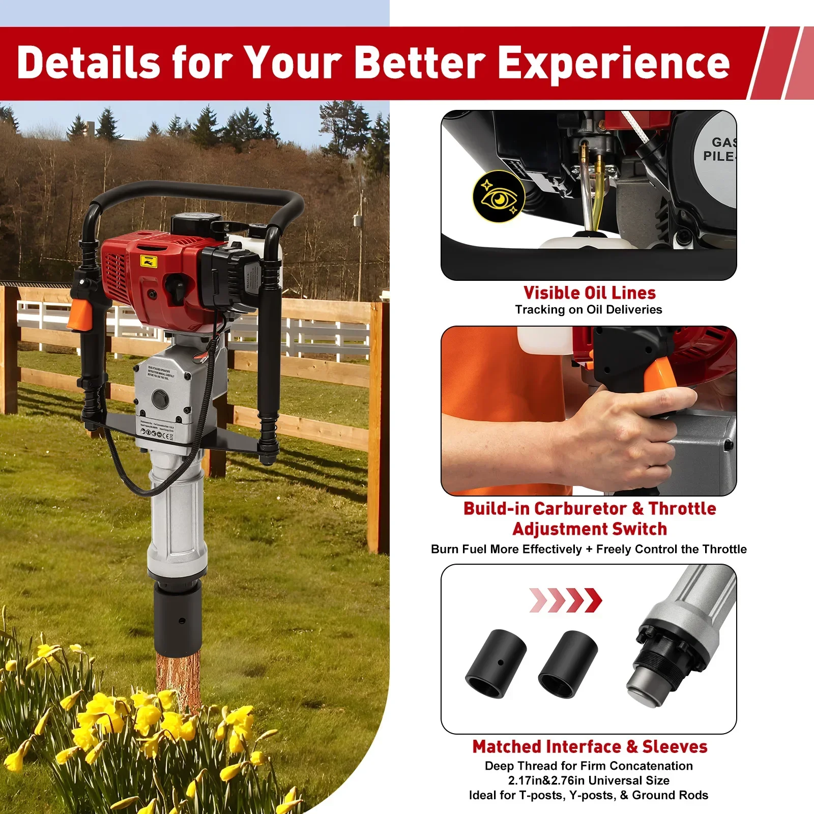 1900W 52CC T Post Pounder Driver Heavy Duty Gasoline Gas Powered T-Post Driver,Fence Farm Push Pile Gasoline Engine Kit