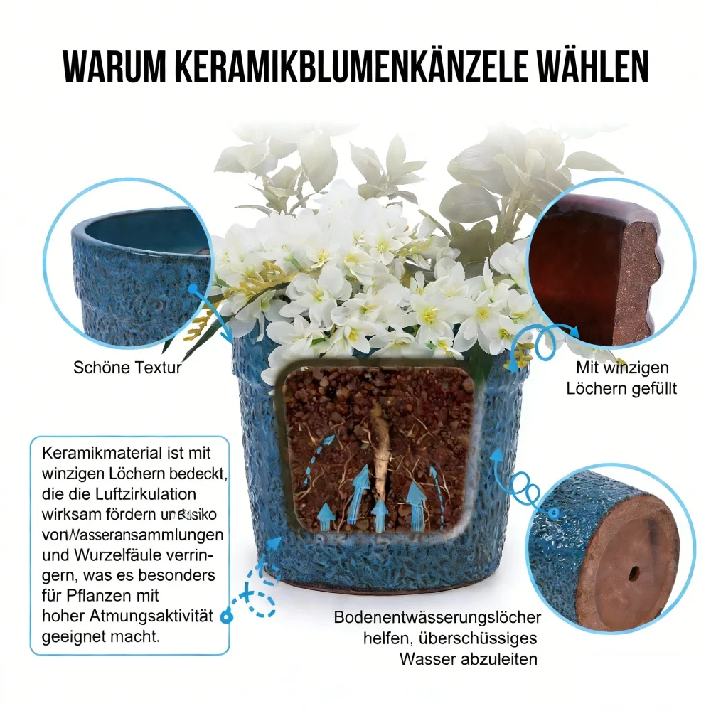3pcs Handmade Ceramic Plant Pot Set (38.1/30.5/22.9cm), Blue Speckled-grained Glaze, for Indoor Plants, Breathable Clay Ware