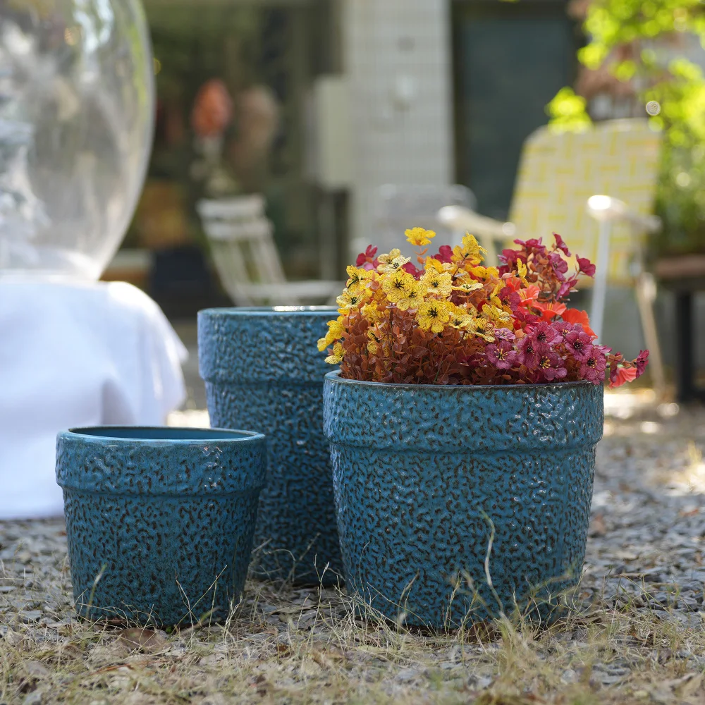 3pcs Handmade Ceramic Plant Pot Set (38.1/30.5/22.9cm), Blue Speckled-grained Glaze, for Indoor Plants, Breathable Clay Ware