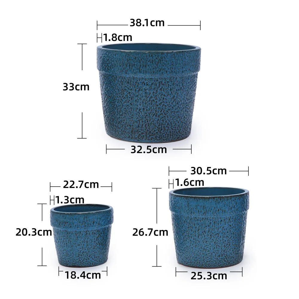 3pcs Handmade Ceramic Plant Pot Set (38.1/30.5/22.9cm), Blue Speckled-grained Glaze, for Indoor Plants, Breathable Clay Ware