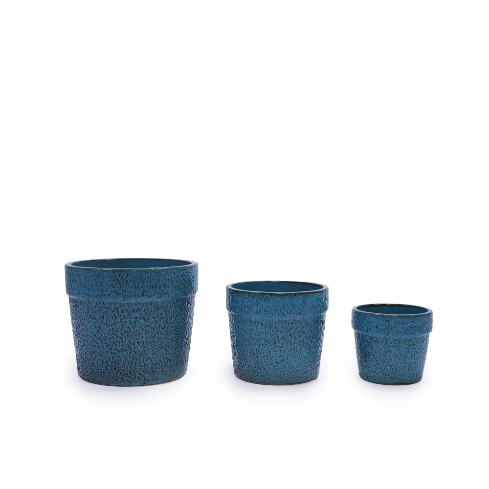 3pcs Handmade Ceramic Plant Pot Set (38.1/30.5/22.9cm), Blue Speckled-grained Glaze, for Indoor Plants, Breathable Clay Ware