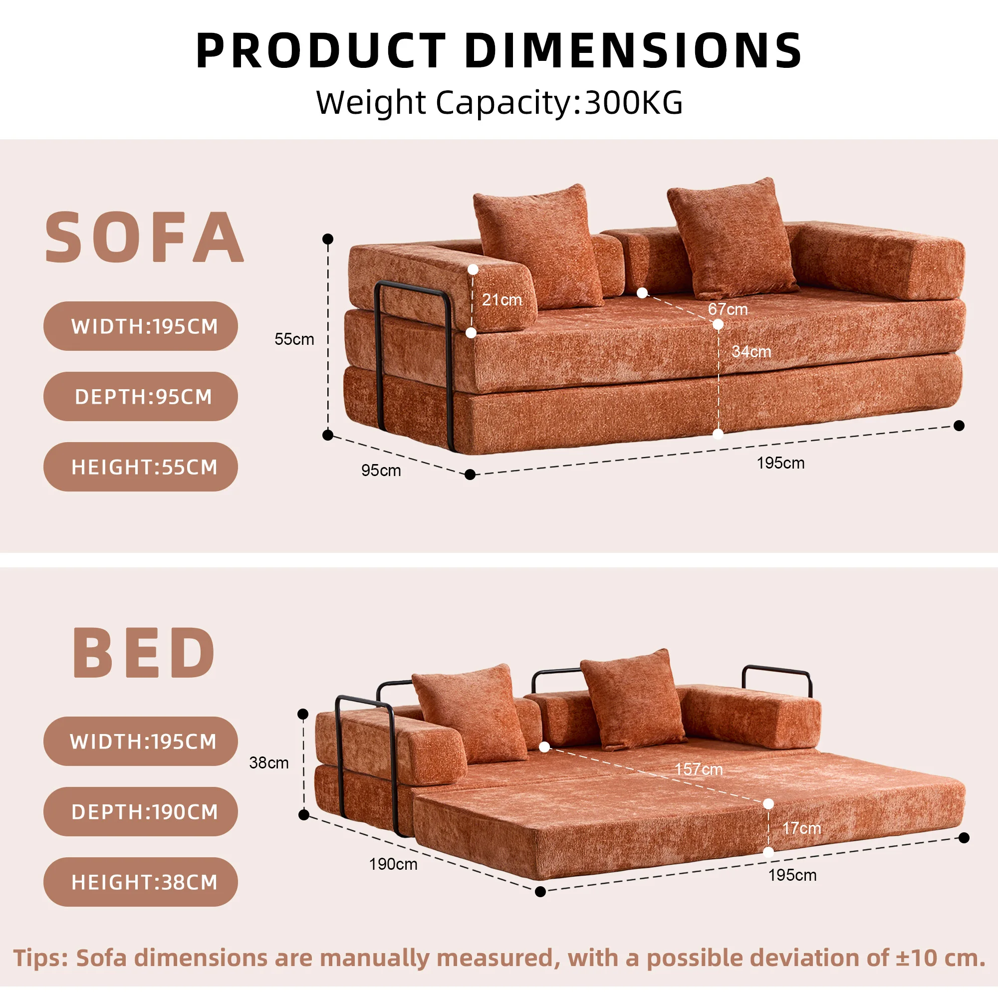Orange Chenille Compressible Sofa Bed,3-in-1 No Assembly Needed Foldable Floor Couch,Soft Loveseat Sofa for Living Room