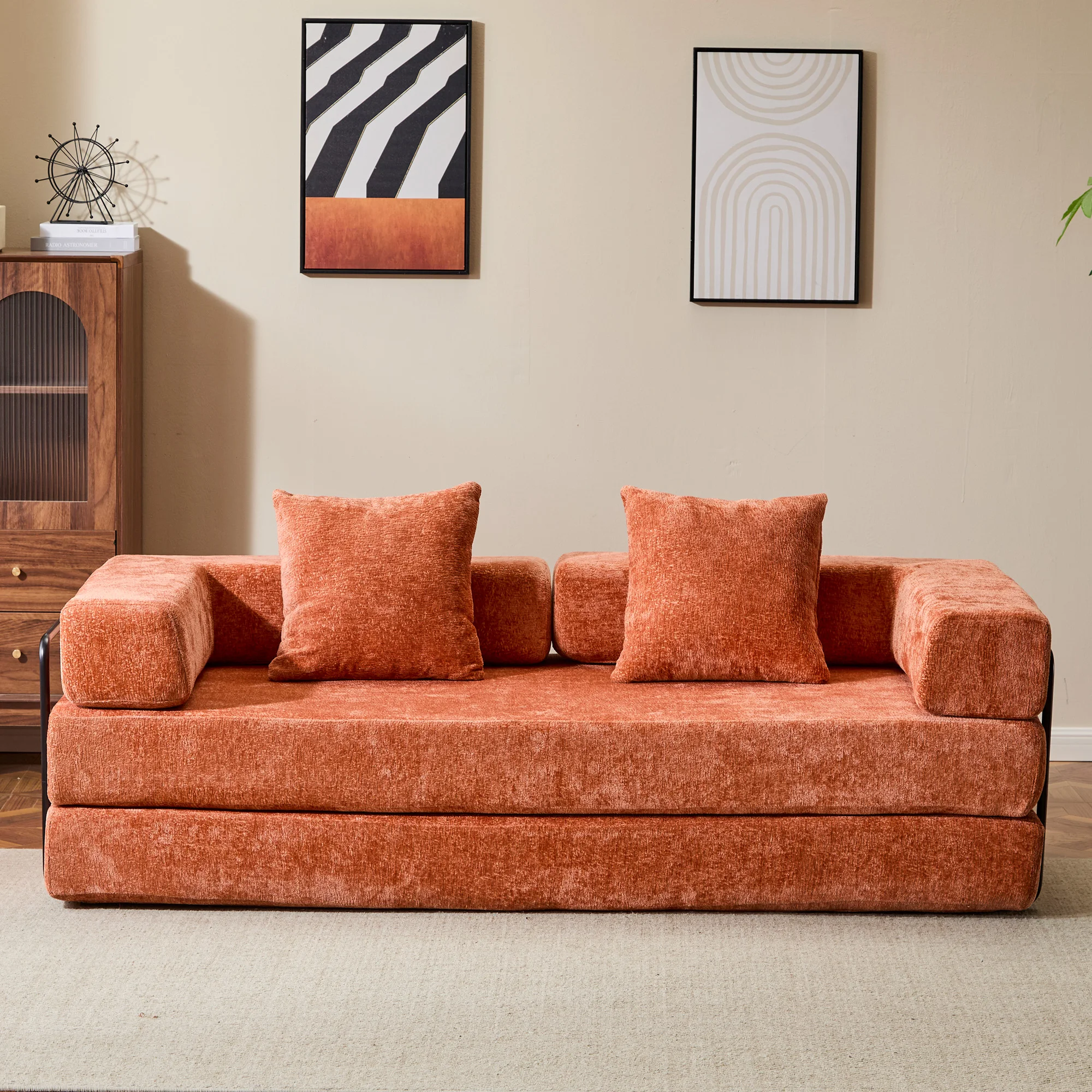 Orange Chenille Compressible Sofa Bed,3-in-1 No Assembly Needed Foldable Floor Couch,Soft Loveseat Sofa for Living Room