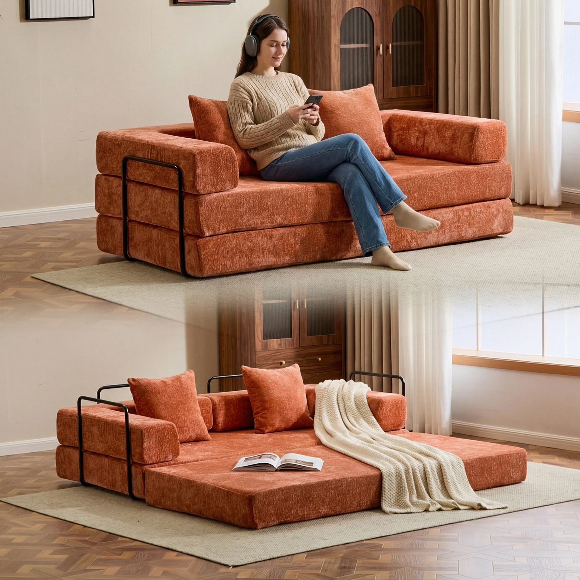 Orange Chenille Compressible Sofa Bed,3-in-1 No Assembly Needed Foldable Floor Couch,Soft Loveseat Sofa for Living Room
