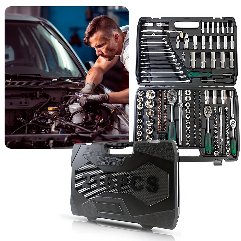 Podofo 216pcs 24-tooth Socket Wrench Sets Ratchet Wrench Tool 1/4" 3/8" 1/2" Mechanic Tool Set for Automotive Motorcycle Repair