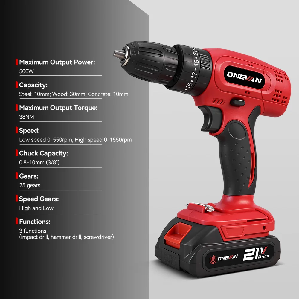 ONEVAN 25+3 Torque Electric Impact Drill 2 Speed Adjustable Cordless Electric Screwdriver Power Tool For Makita 18V Battery Pin
