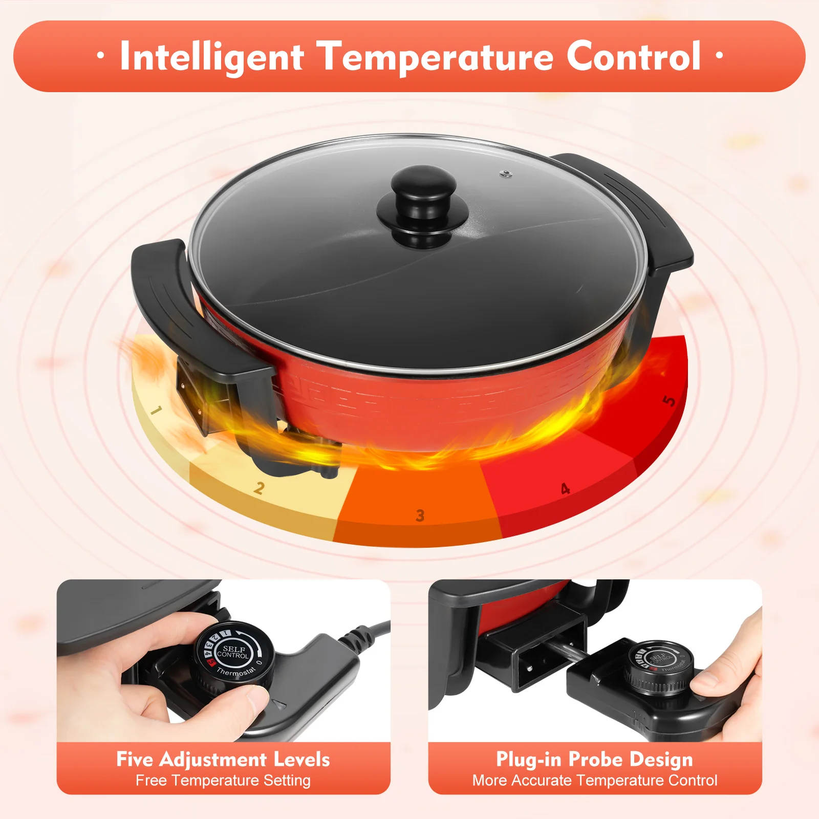 31cm Multifunction Electric Pot| 1360W 6L Household Hot Pot Cooker| Heating Pan w/ Thermostat Control, Lid