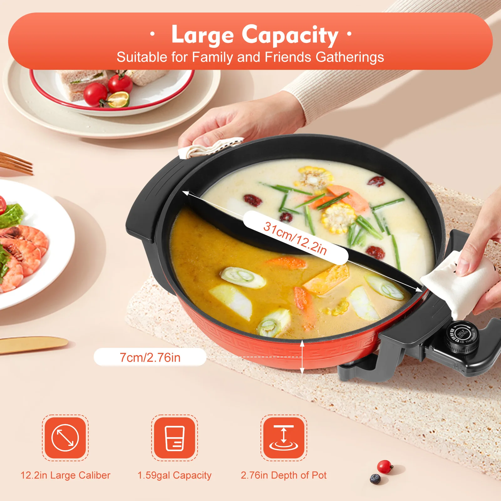 31cm Multifunction Electric Pot| 1360W 6L Household Hot Pot Cooker| Heating Pan w/ Thermostat Control, Lid