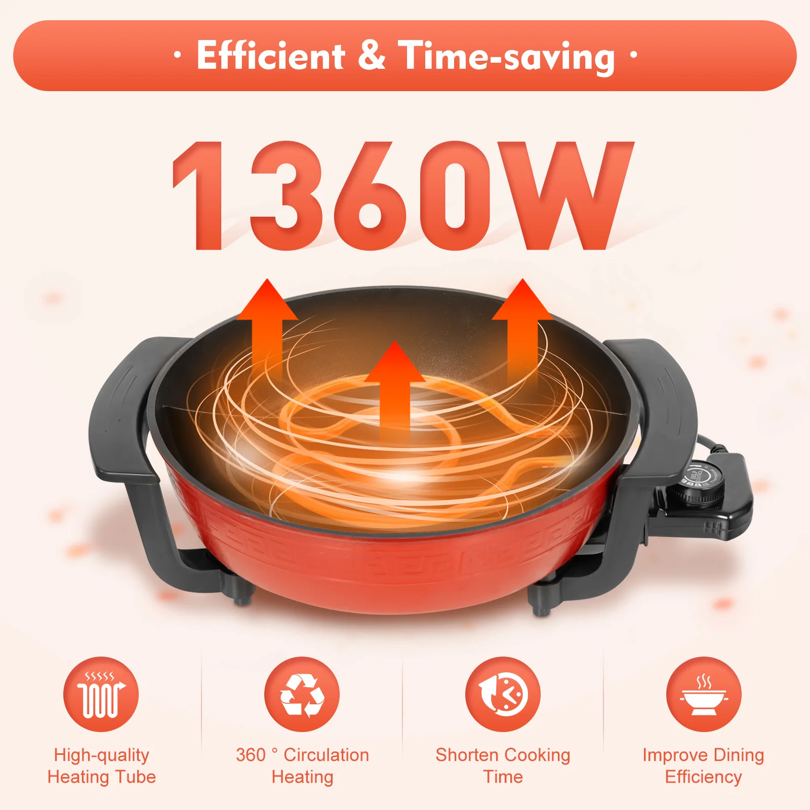 31cm Multifunction Electric Pot| 1360W 6L Household Hot Pot Cooker| Heating Pan w/ Thermostat Control, Lid